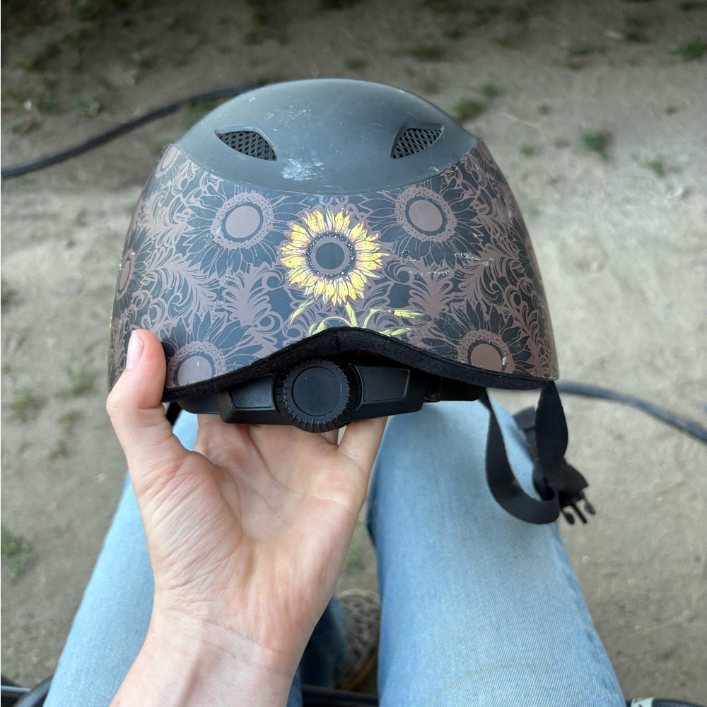 Black and Brown Riding Helmet with Sunflower Design - Picture 2 of 4